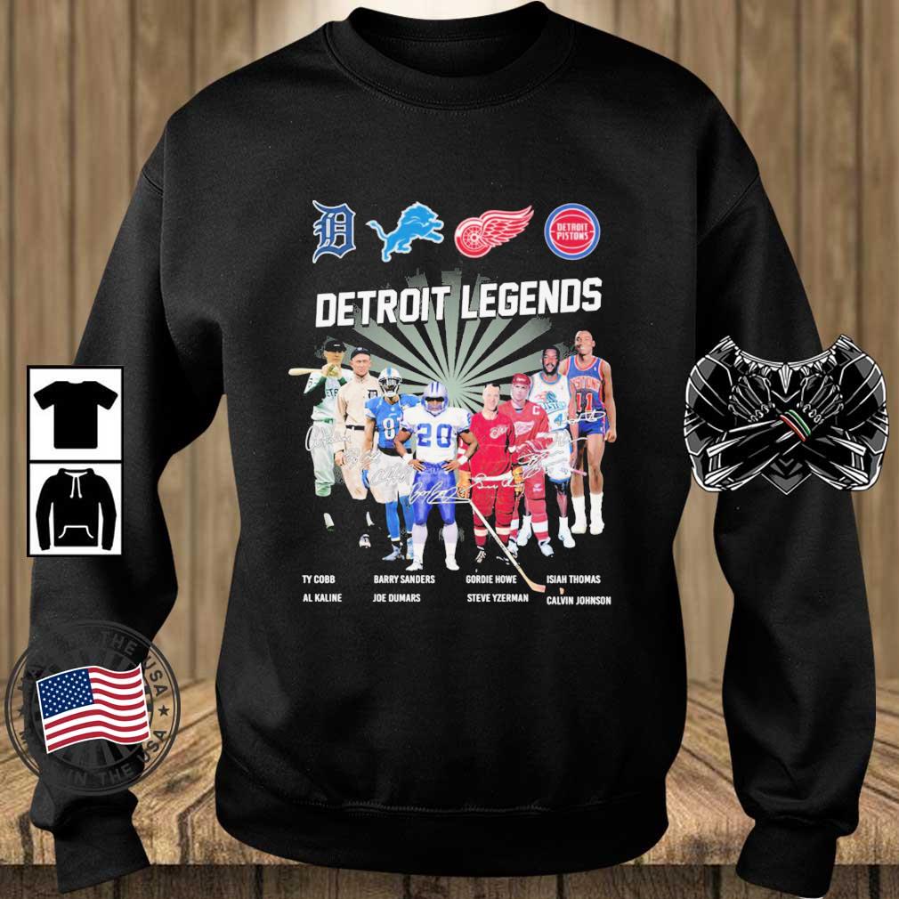 Detroit Legends Ty Cobb Barry Sanders Gordie Howe Isiah Thomas Al Kaline Signatures shirt