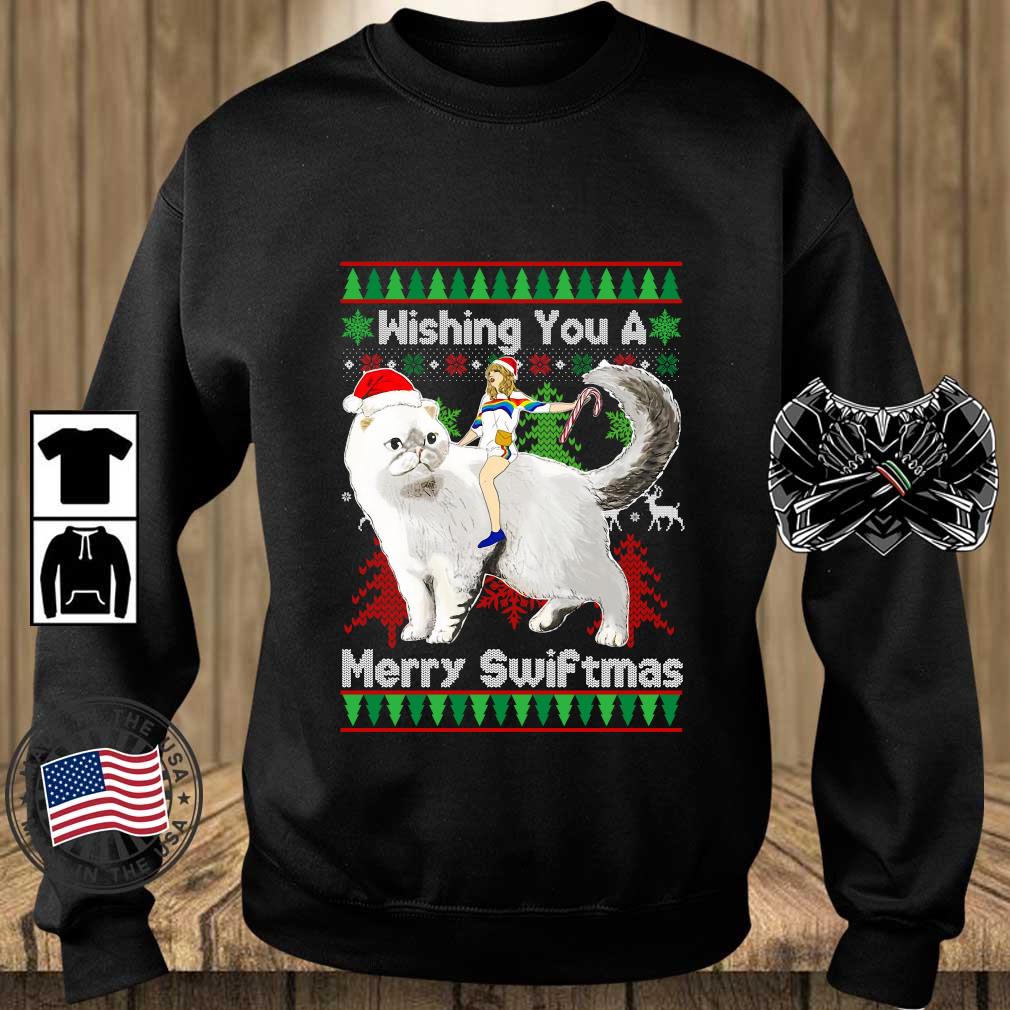 Taylor Swift riding cat wishing you a Merry Swiftmas Ugly Christmas sweater