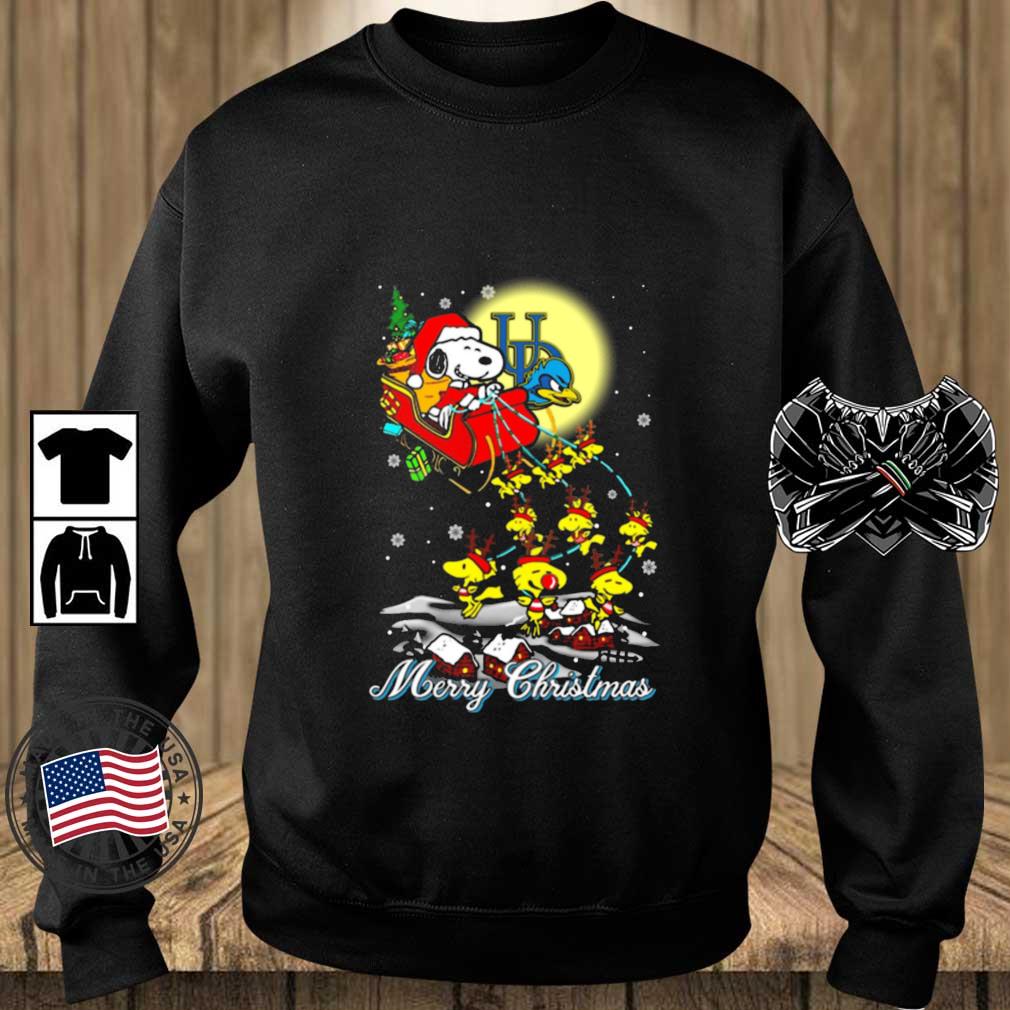 Santa Snoopy And Reindeer Woodstock Delaware Fightin Blue Hens Merry Christmas sweater