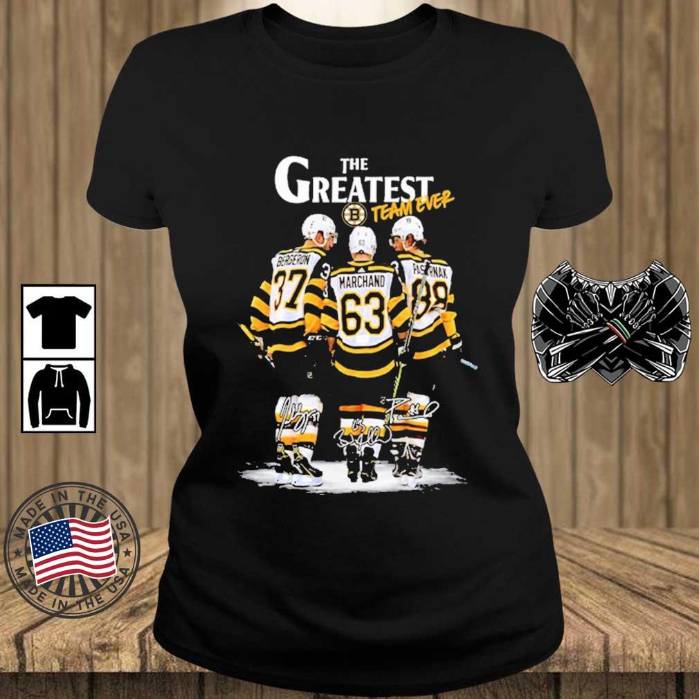 Boston Bruins The Greatest Team Ever Patrice Bergeron Brad Marchand And  David Pastrňák Signatures shirt, hoodie, sweater, long sleeve and tank top